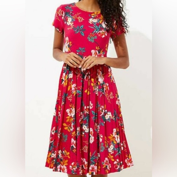 Loft Pleated Floral Red Dress - Picture 1 of 5